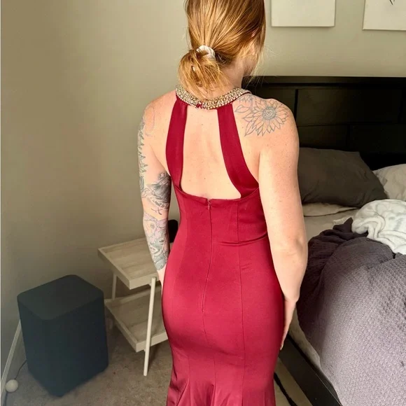 Dancing Queen Burgundy Maxi Dress with Embellished Neckline - Picture 3 of 6